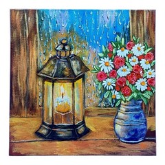 Original painting, Rain and lantern with candle, wildflowers in a vase, wall art