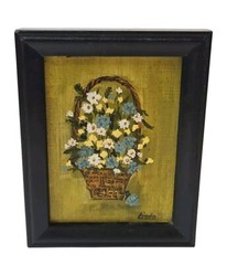 Original Miniature Oil Painting „Flowers in a Basket“ Still Life Signed 3.75×4.5