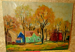 Florence Eisenberg 1965 Oil Painting LAKE MANAWA CB Iowa Waterfront Landscape NR