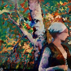 Vintage Framed Figurative Oil on Board „Woman in the Garden“ By Donald Roy Purdy