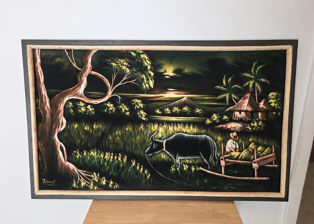 VNTG 70sBlack Velvet Asian Themed Framed Wall Painting 33.5in. x 21.5in x 1.5in.