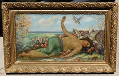 Vintage 19th c oil painting , signed , reclining woman with birds and flowers
