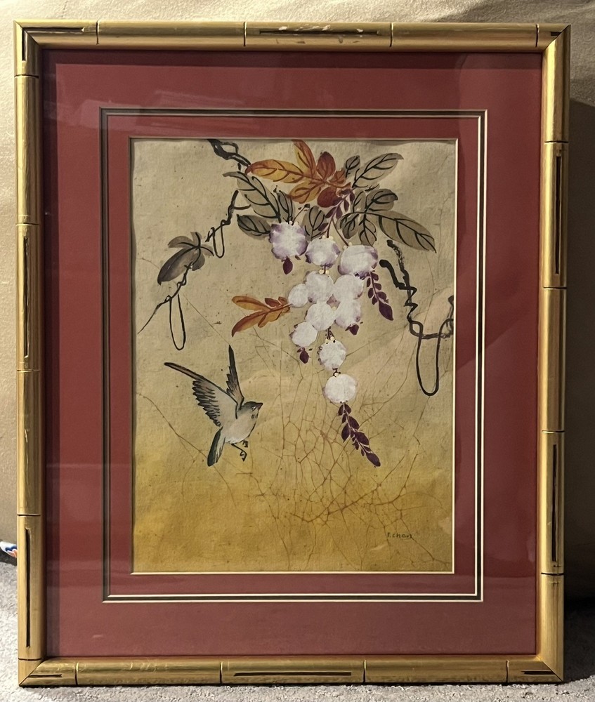 VTG P. Chan Botanical/Bird Batik on Silk Watercolor Painting c.1940’s Chinese