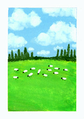 ACEO Original Sheep Field Farm Trees Landscape Mini Painting Art OneCraftyLady