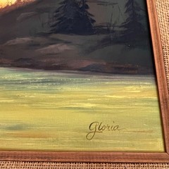Oil Painted Landscape of a Sunset Over Water w Trees Wood Frame 18 x 24″ Gloria