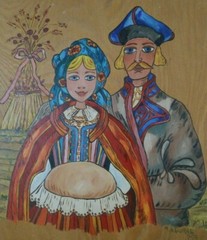 Vtg Signed M. Agural 1979 Folkart Portrait Man & Woman Oil? on Boards 16x12x.5″