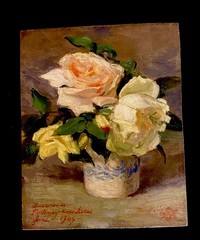 1909 French Floral Oil Painting On Wood Artist Unknown. Associated French School