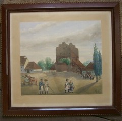 City Gate With Marketplace And People° Watercolour Monogram Um 1830 Rahmn Antik
