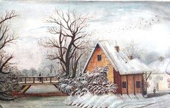 ANTIQUE FOLK ART OIL PAINTING VILLAGE BRIDGE RIVER SNOW WINTER LANDSCAPE PEOPLE