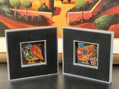 Pair Of Mid Century Fired Enamel Framed Tiles, Designer Buzas Arpad, Hungarian