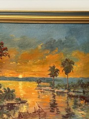 VINTAGE SUNSET PAINTING IMPRESSIONIST LANDSCAPE EVENING GLOW LISTED FAMOUS OIL
