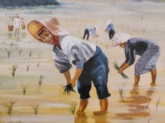 Asian Rice Farmers, Watercolor/Guache, Ron Weber, Gold-tone Framed