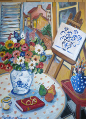 SUZANNE ETIENNE, OREGON MODERN IMPRESSIONIST FLORAL VASE TABLE FLOWERS CITY OIL