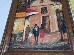 Original Painting On Board „European Cafe Scene“ OOAK Signed Jerueken 26×14
