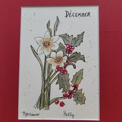 Original Watercolor Christmas Holly Narcissus Painting Art 8 x 10 Mat