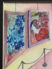 Whimsical Watercolor Painting“Self Portrait With Daughter” In Art Museum UNIQUE!