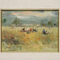 European Impressionist Farmers In Field Summer Harvest Landscape O/C Painting