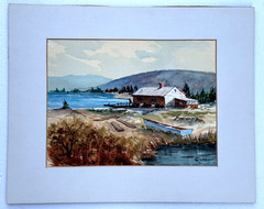 H.F. MILLER VINTAGE WATERCOLOR PAINTING MAN EXITING CABIN BY RIVER LANDSCAPE ART