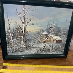 Winter Painting, By Woodson,Snow Barn In Forest..medium 12”/9.5”