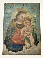 ANTIQUE PAINTING RELIGIOUS ICON Retablo 19TH CENTURY PORTRAIT MADONNA METAL TIN