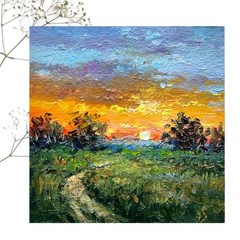 Original Oil Painting Evening Sunset Field 4x4in Signed Small Wall Art