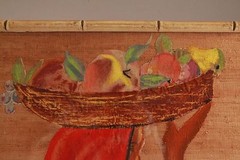 VINTAGE 19 1/4″ X 19 1/4″ NATIVE GIRL BASKET FABRIC and PAINT BAMBOO FRAME
