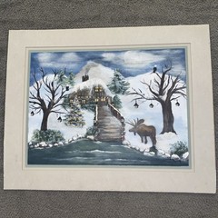 Vntg Christmas Folk Art Painting Cabin Snow Tree Moose 16” X 20” Original