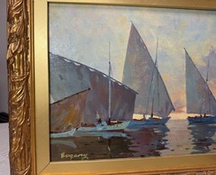 Vintage original Evgeny Expressionism nautical sail boat oil painting on canvas