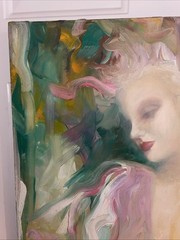 Original thick Oil Painting. Signed CastleLove. Mid 90s NYC Pastels Woman 28×20