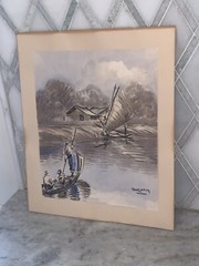 Vtg 1940-50s Sail Boat Sea Nautical Watercolor Signed 10.25”x12.25” (8”x9.75”)