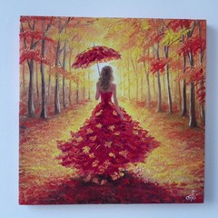 Original Oil Impressionist Portrait Painting Autumn Woman Fashion Nature Art