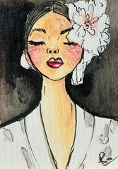 ACEO Elegant Dreamy Girl with Flower Acrylic Painting Pop Whimsical Art OOAK