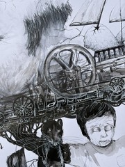 Ink On Cardboard SKETCH ALAIN DONATE cuban Artist 16″x 23″ORIGINAL SURREAL ART