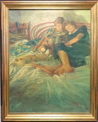 Antonio Massa Vintage 1980s Original Oil Painting Twins Secret Language
