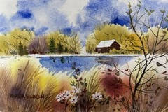 Over 5”x7” Pamela Wilhelm Original Watercolor Serene River Cabin Bird Flowers
