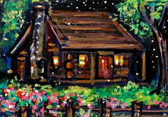 ACEO Original PAINTING Summer CABIN Flowers Fire Night Stars Landscape ATC ART