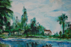 Original Hecto Vidal Oil Painting Reading By The Lake Cuban Country Scene 14×11