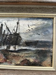 Vintage Carlotta Browning Signed Oil Painting Marine Harbor Seascape Impasto