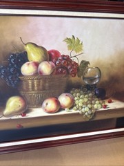 42 x 30” Large Signed Real Oil Painting Framed Art Fruit Basket Cherries Grapes