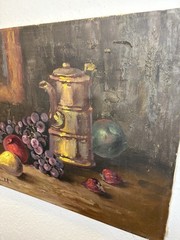 Vintage Mid-Century Original Still Life Pears & Pewter Oil Painting 16×20”