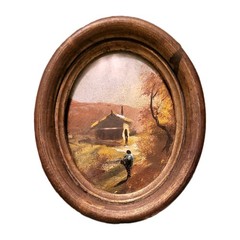 Antq Miniature Oil Painting Landscape, with Oval Gold/Wood frame ca. 1900
