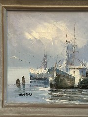 Thomas Oil Painting Blue Seascape Harbor Boats Framed Canvas Vintage 12”x14”