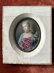 Antique 19th C Hand Painted French Portrait of a Lady Boucher MOP Frame