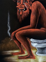 DEVIL ON THE TOILET , 18″X 22″ HAND PAINTED,VELVET PAINTING, VINTAGE, WOOD FRAME