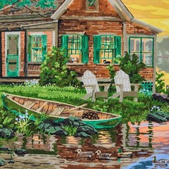SUNSET CABIN Framed Paint by Number Artwork 20″x24″ Lake Canoe Dogs Sunset Cabin