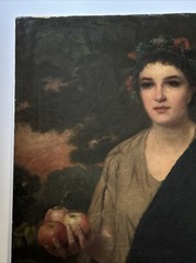 Large Antique Portrait 19th Century Master Woman Apples Glowing Landscape 46″