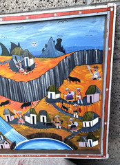 Vintage Tigua Folk Art Village Town Painting Sheepskin Canvas Ecuador 31×23″