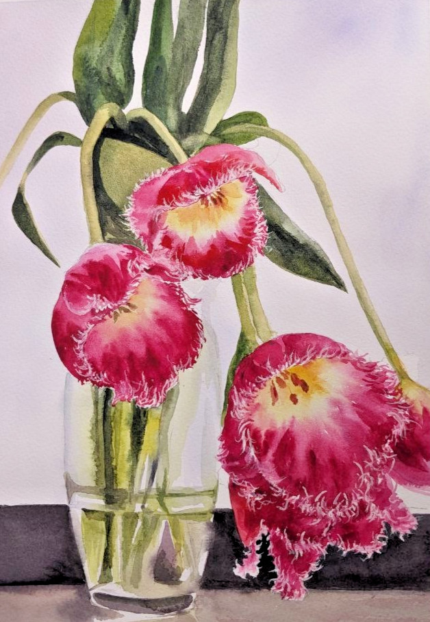 Pink Tulips Floral Watercolor Painting Flowers in Vase Romantic Botanical Art