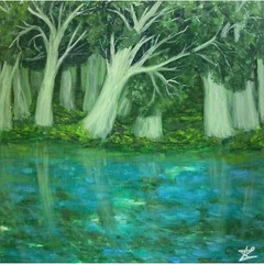 Forest landscape, lake , forest trees Original painting on canvas 12x 12
