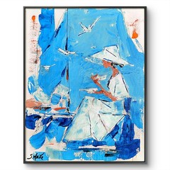 Coastal Beach Woman Acrylic Painting Impressionist Blue 11×14 Canvas SWhite